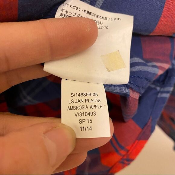 Old Navy red white Blue Striped Plaid Button Up Shirt long sleeve slim fit XL - Picture 9 of 9